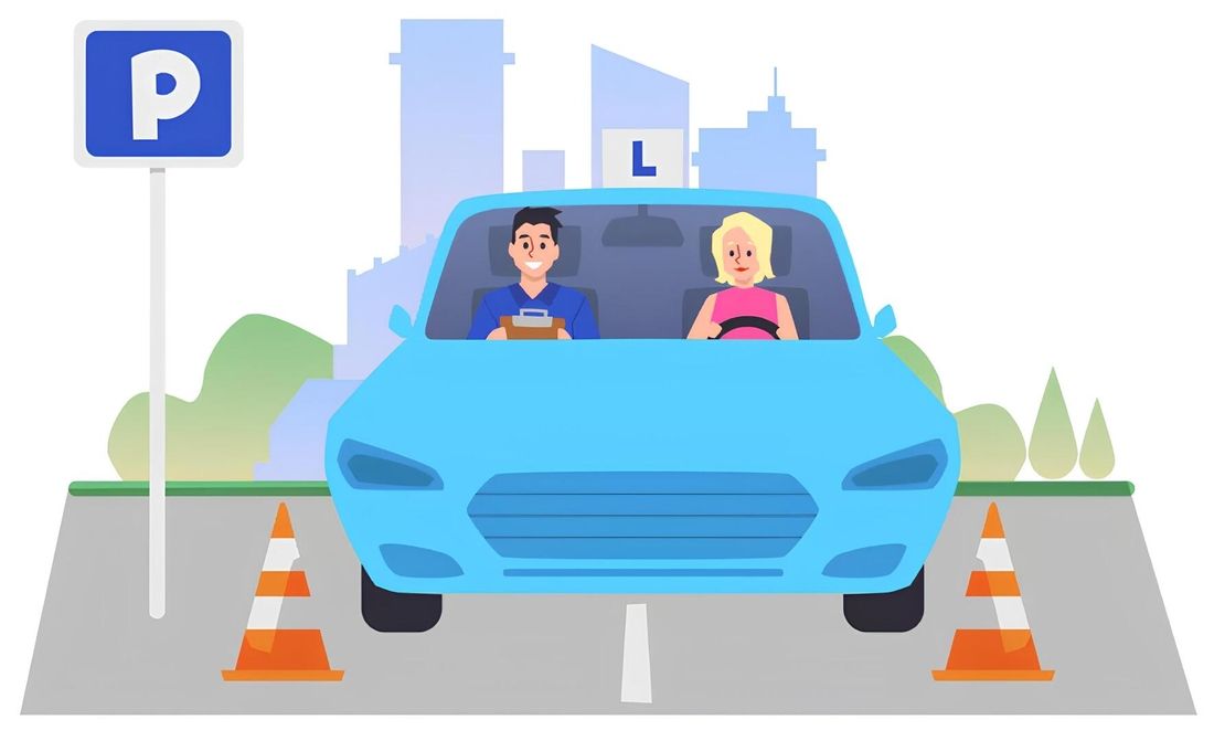 Fahrübung - Mann und Frau fahren im Auto durch Verkehrshütchen